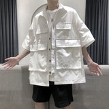 Bonsir Mens Big Pocket Workwear Short-Sleeve Shirt Streetwear Fashion Youth Trendy Solid Color Versatile Tops Men'S Clothing Spring New