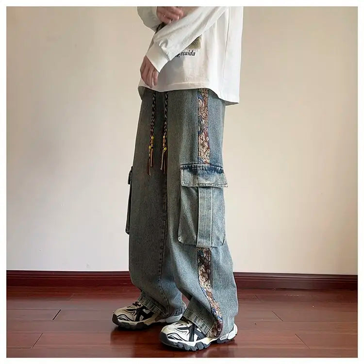 Bonsir Hip hop trend personalized straight leg retro washed workwear jeans American men and women street loose wide leg casual pants