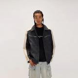 Bonsir Lapel contrasting color old jacket PU leather jacket men's American retro street spring and autumn
