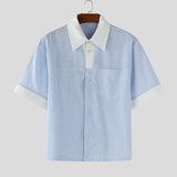 BONSIR  -  Men Shirt Summer Striped Patchwork Lapel Short Sleeve Men Clothing Streetwear Autumn 2025 Loose Korean Style Male Shirts