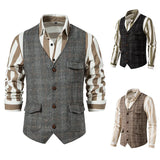 Bonsir Men's Suit Vest Single Breasted Retro Tweed Amikaki Plaid Business Daily Casual Vest
