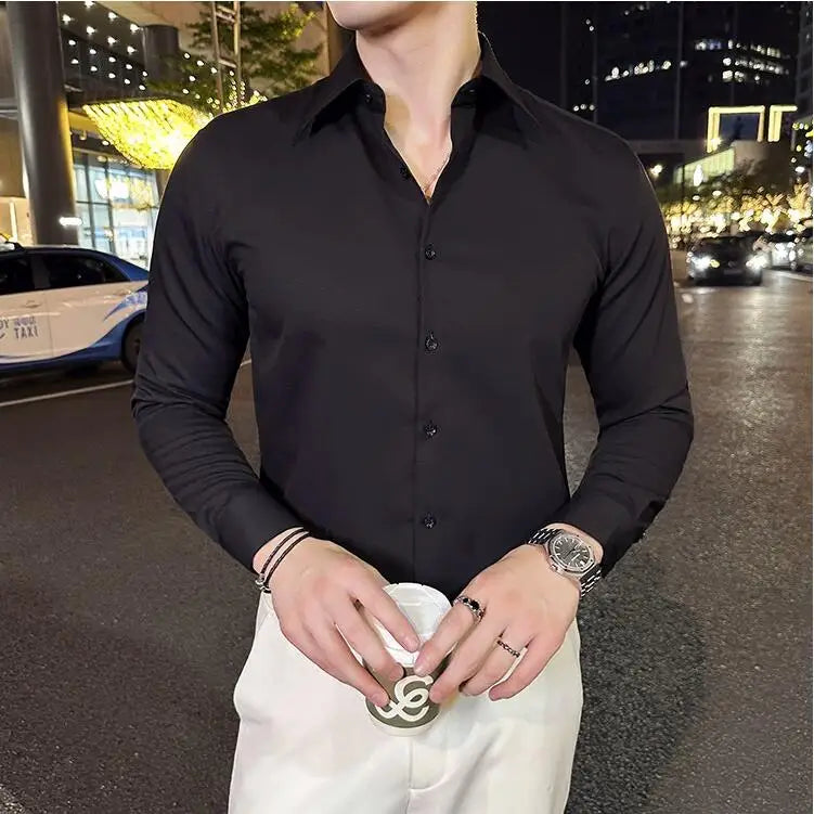 Bonsir 6 Colors Gentleman Lapel Slim Fit Shirt New Long Sleeve Solid Color Casual Business Social Party Shirts Men Clothing 4XL-M