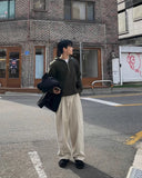 BONSIR  -  Autumn Winter Men's Cotton Wide Leg Floor Suit Pants Korean Casual Loose Straight  Thicken Full Length Trousers Male Keep Warm