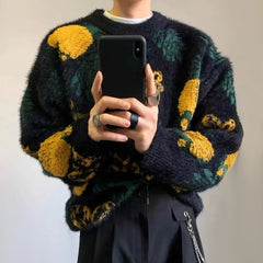 Bonsir Mens Autumn Winter Y2k Pineapple Jacquard Knitted Sweater Genderless Fashion Trend Casual Loose Lazy Style Couple Sweater Unisex