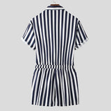 BONSIR  -  Men's Striped Rompers Streetwear Fashion Casual Playsuits Short Sleeve Button Lapel Jumpsuits Drawstring Boxers Shorts Bodysuits