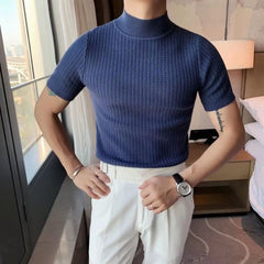 Bonsir Autumn New Short Sleeve Knitted Sweater Men Tops Clothing 2024 All Match Slim Fit Stretch Turtleneck Casual Pull Homme Pullovers