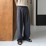 BONSIR  -  American Sle Cotton Linen Workwear Pants Men Loose Straight Leg Floor Length f Elastic Buttoned Linen Breathable Suit