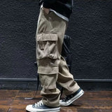 Bonsir Wide Multi Pocket Trousers Man Big Size Straight Cargo Pants for Men Multipockets Long Baggy Street Spandex Y2k Vintage Cotton