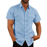 BONSIR  -  Casual Men\'s Short Sleeve Shirts And Blouses 2 Pockets Summer Solid Color Baggy Casual Tops Beach Shirt Clothing