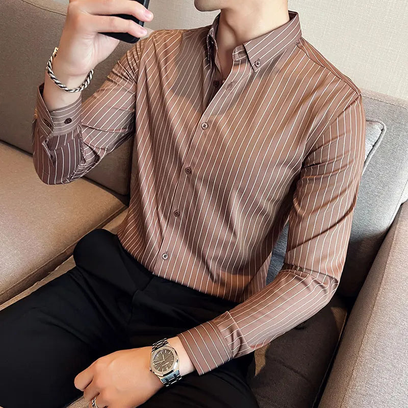 Bonsir Autumn New High Quality Striped Shirts Men Luxury Slim Fit Business Casual Shirt Formal Men Long Sleeve Party Prom Clothing