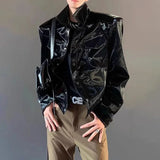 Bonsir Mens Pu Leather Jacket Shiny Shoulder Pad Leather Jacket Autumn Streetwear Biker Pu Leather Long-Sleeve Top Men'S Clothing 2024
