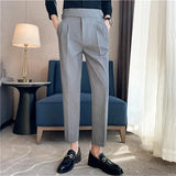 Bonsir British Style Men High Waist Casual Dress Pant Men Belt Design Slim Trousers Formal Office Social Wedding Party Dress Suit Pants