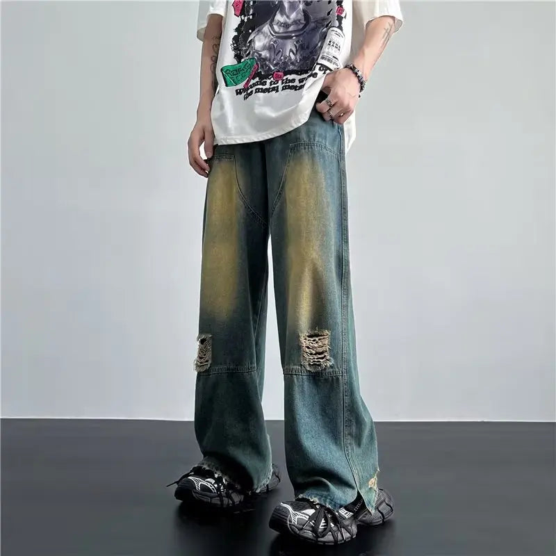 Bonsir New Streetwear Patchwork Jeans Cargo Pants Loose Plus Size Neutral Wide Leg Pants Harajuku Casual Denim Pants Men Clothing Y2K