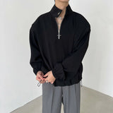 Bonsir Mens Autumn Winter French Shoulder Pad Metal Half-Zip Sweatshirt New Essential Drawstring Simple Solid Color Elegant Loose Coat