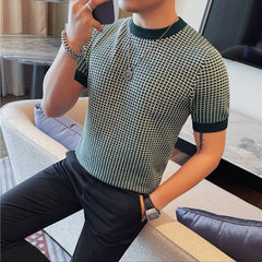 Bonsir Autumn New Checkered Crew Neck Casual Short Sleeve T-Shirt High Quality Knitted Sweater Tops  Streetwear Social Casual Tee Shirt