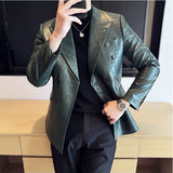 Bonsir High Quality Square Grid Double Breasted Leather Jacket Fashion Business Slim Fit Casual Men Suit Blazer Tuxedos Men Clothing