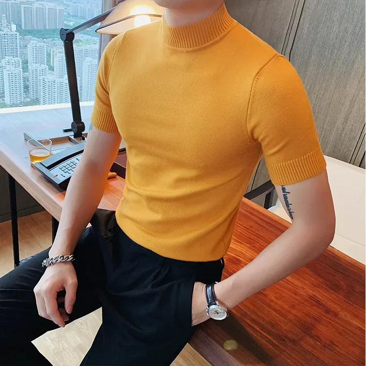 Bonsir Autumn Short Sleeve Sweater For Men High Quality Fashion Solid Slim Fit Pullovers Half High Neck Elastic Knitted Casual T Shirt