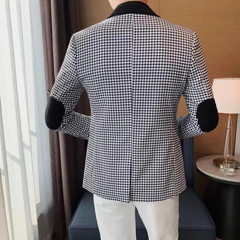 Bonsir British Style Mens Houndstooth Slim Fit Blazers New Simple Slim Fit Business Dress Coats Groom Wedding Tuxedo Suit Jacket