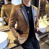 Bonsir Spliced Leather Collar Flannel Texture Suit Coat Autumn Winter Men Slim Fit Business Thick Striped Wedding Suits Men's Clothing