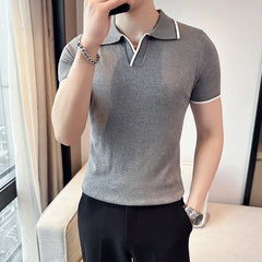 Bonsir Summer New Slim Fit Polo Shirts Mens Short Sleeve Solid Color Knitted V Neck Breathable Casual Polos 3XL-M