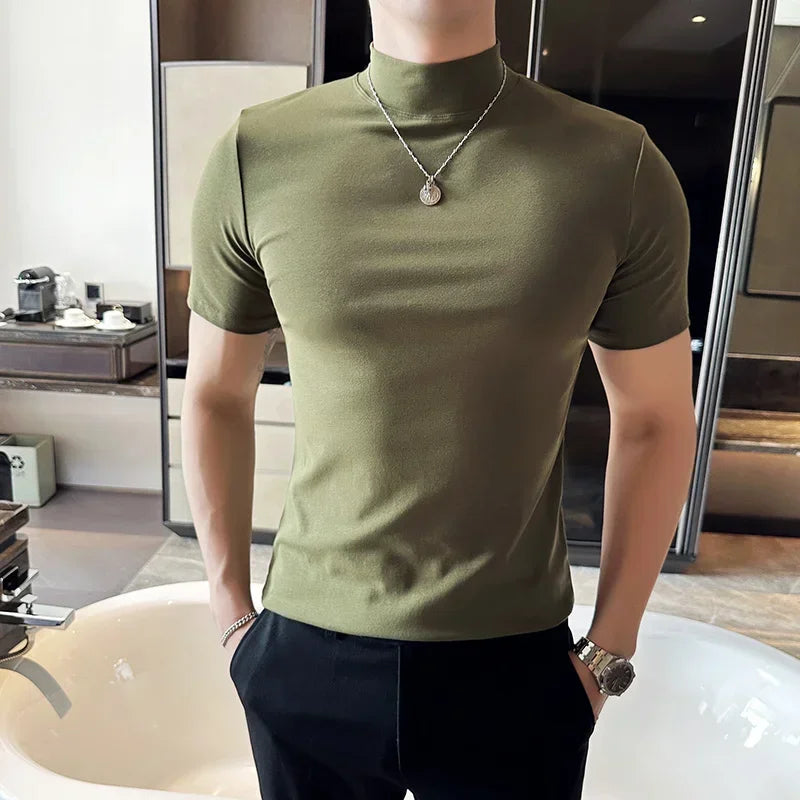 Bonsir 9 Color High Quality High Collar Cotton T-Shirts Men's Short Sleeve Solid Slim Fit Tight Elastic Tee Pullover Fitness T-shirt