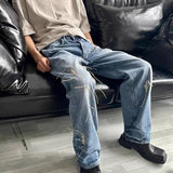 Bonsir String Lace Up Frayed Washed Pantalones Hombre Baggy Blue Jeans for Men Y2k Streetwear Washed Casual Denim Trousers Oversized