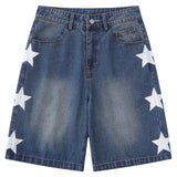 BONSIR  -  Stars Print Denim Shorts Mens Streetwear Hip Hop Blue Jeans Short Men Harajuku Vintage Baggy Straight Knee Length Pants Male