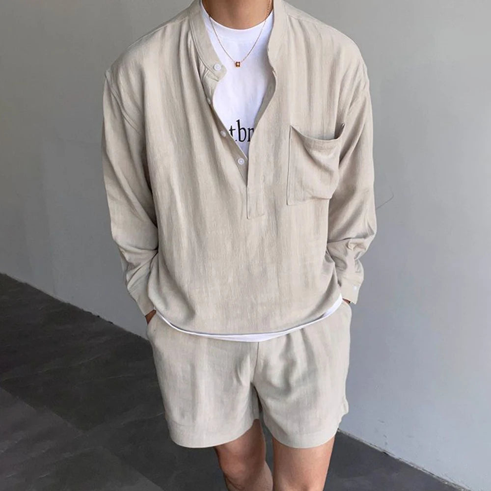 Bonsir Korean Fashion Summer Clothes Men 2 Piece Set Solid Hip Hop V-neck Tops Shorts Streetwear Short Pants Outfits Casual Outer Sets