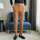 Bonsir Autumn Mens Fashion Embroidered Trousers Korean Business Dress Solid Suit Pant Formal Office Social Slim Fit Casual Suit Pants