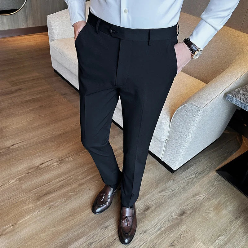 Bonsir Autumn New High Waist Solid Casual Dress Pants Men High Quality Slim Suit Pants Formal Wedding Social Party Trousers