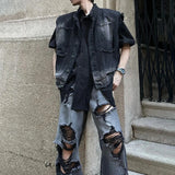 Bonsir Mens Ripped Casual Washed Jeans American Streetwear Temperament Loose Versatile Personality Straight Trousers Unisex 2024 Summer