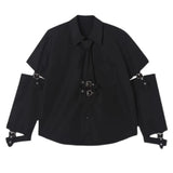 Bonsir Mens Y2k Spliced Casual Long-Sleeved Shirt 2024 New Genderless Functional Personality Solid Color Loose Hand Strap Top Unisex