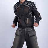 Bonsir Mens Biker Tassel Raw Edge Jacket Autumn Streetwear American Retro Personality Youth Casual Washed Denim Jacket Men'S Clothing