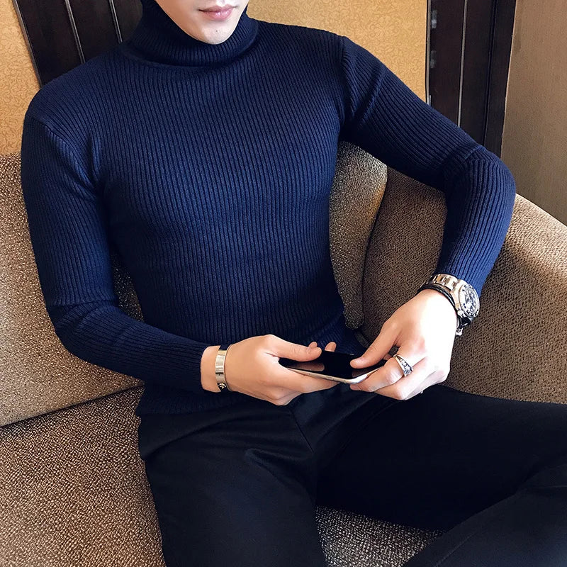 Bonsir Fall/Winter Men's Turtleneck Sweater Fashion Striped Solid Color Warm Knitted Sweater Men Double Collar Slim Fit Sweaters