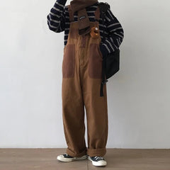 Bonsir Mens Japanese Workwear Style Casual Jumpsuit 2024 New Genderless Fashion Trend Loose Color Blocking Versatile Overalls Unisex