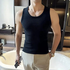 Bonsir Knitted Tank Top Men Sleeveless Tight Fit Sports T-shirt Fashion Stripe Slim Fit Versatile Round Neck Knitted Bottom Shirt Vests