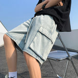 BONSIR  -  Summer New Baggy Denim Shorts Men's Pocket Jeans Elastic Waist Casual Blue High Street Drawstring Short Pants Streetwear