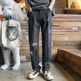 Bonsir Summer New Men's Perforated Jeans Street Hip Hop Dance Leg Side Zipper Design Straight Leg Pants Blue Black