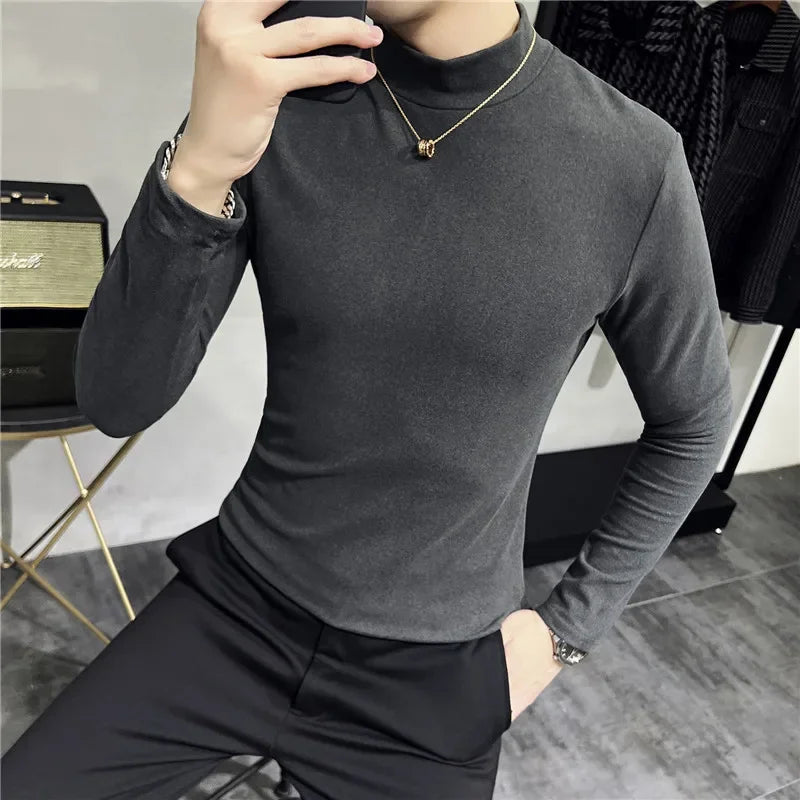 Bonsir Autumn Winter Half High Neck Velvet T-Shirt Korean Men's Slim Fit Solid Color Casual Long Sleeve Bottoming Tee Men Clothing 4XL