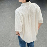 BONSIR  -  Men's Oversized Striped Casual Shirt - Korean Fashion Trend Short Sleeve Button-Down Collared Top  Stylish Layered Streetwear