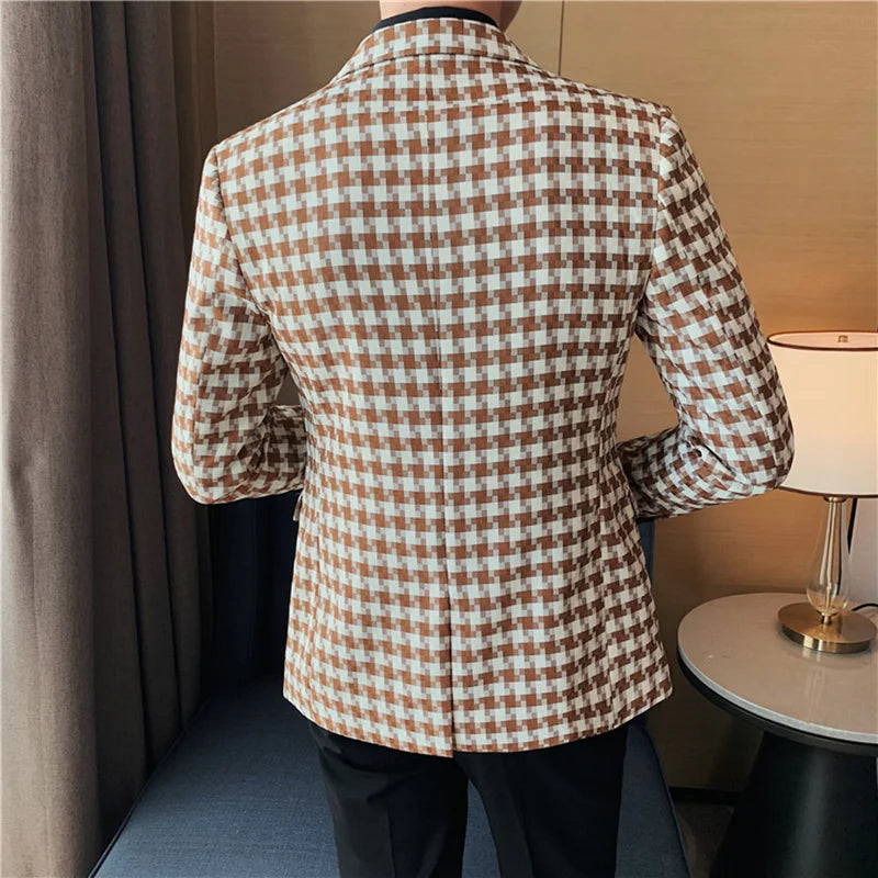 Bonsir British Style Mens Houndstooth Slim Fit Blazers New Simple Slim Fit Business Dress Coats Groom Wedding Tuxedo Suit Jacket