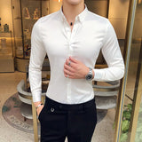 Bonsir Neckline Embroidery Shirt For Men New Solid Color Business Slim Fit Long Sleeve Social Party Shirt Streetwear Homme 5XL-M