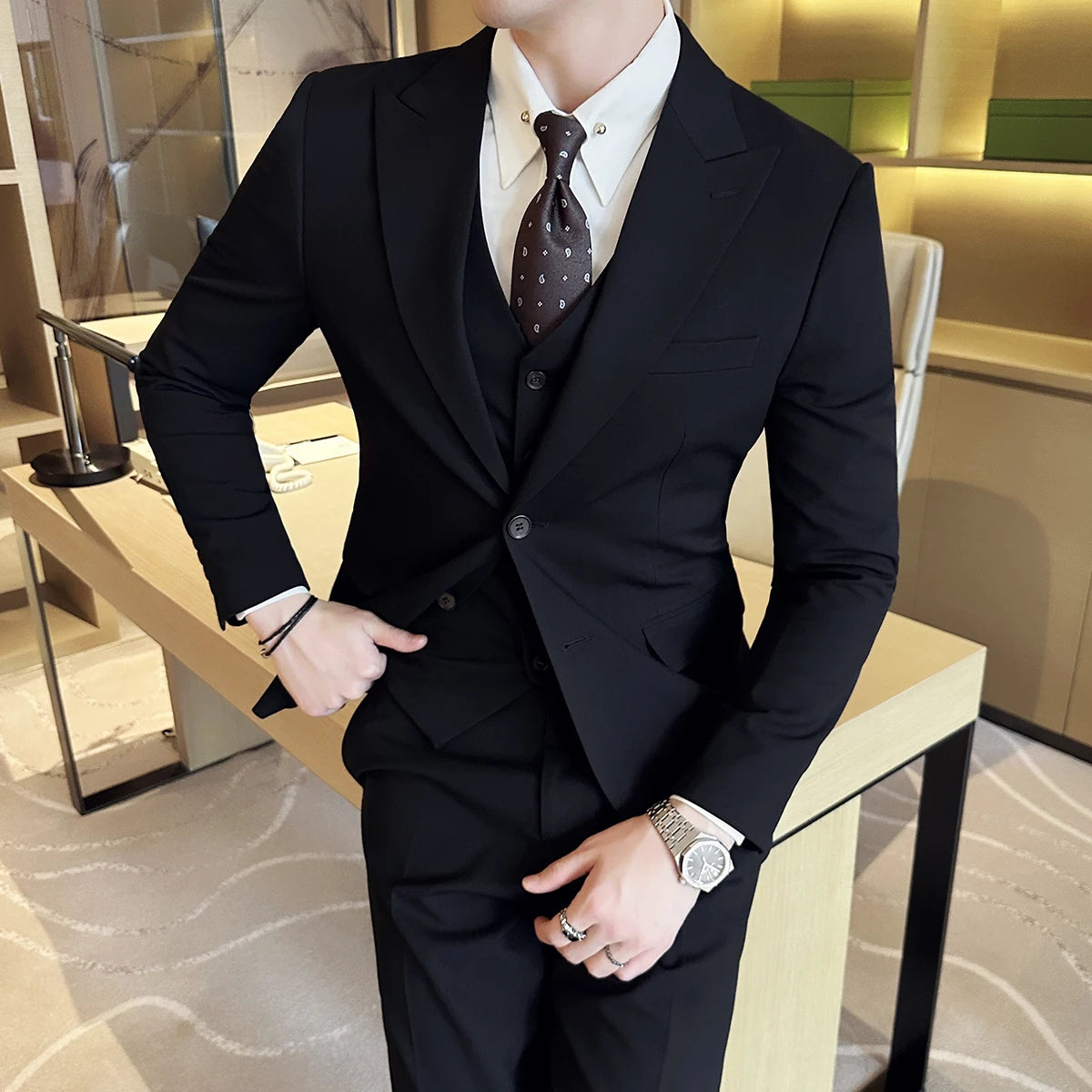 Bonsir (Jacket + Vest + Pant) Men's Formal Slim Fit Business Work Wedding Stage Tuxedo Fashion Best Men Social Dress Suit 3 Pieces Set