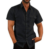 BONSIR  -  Casual Men\'s Short Sleeve Shirts And Blouses 2 Pockets Summer Solid Color Baggy Casual Tops Beach Shirt Clothing
