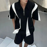Bonsir Mens Polo Shirt Y2k Black White Contrast Half-Zip T Shirt Fashion Casual Personality Streetwear All-Match Tops Men'S Clothing
