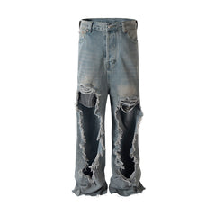 Bonsir Streetwear Blue Distressed Baggy Jeans for Men and Women Pantalones Hombre Ripped Big Hole Denim Trousers Oversized Cargos