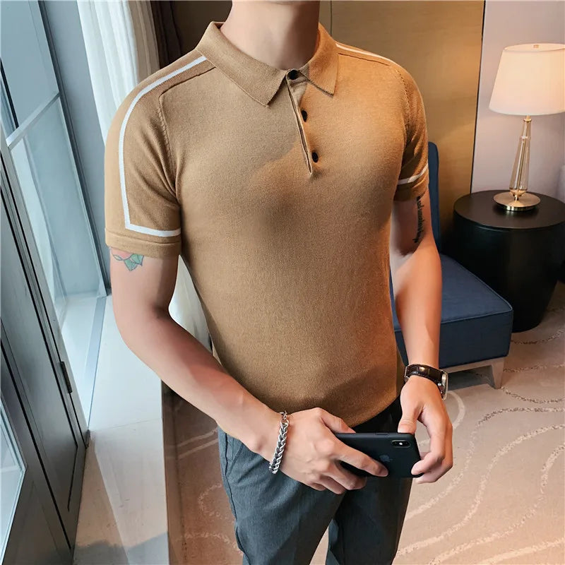 Bonsir Color Blocked Striped Knitted Polo Shirt Mens Summer Short Sleeved Lapel Ice Silk Tee Men Slim Business Social Polos Streetwear