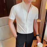 Bonsir Men's Summer Fashion Stand Collar Business Casual Short Sleeve Shirt Luxury Slim Fit Solid Dress Shirt Brand Men Clothes 5XL-M
