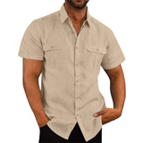 BONSIR  -  Casual Men\'s Short Sleeve Shirts And Blouses 2 Pockets Summer Solid Color Baggy Casual Tops Beach Shirt Clothing
