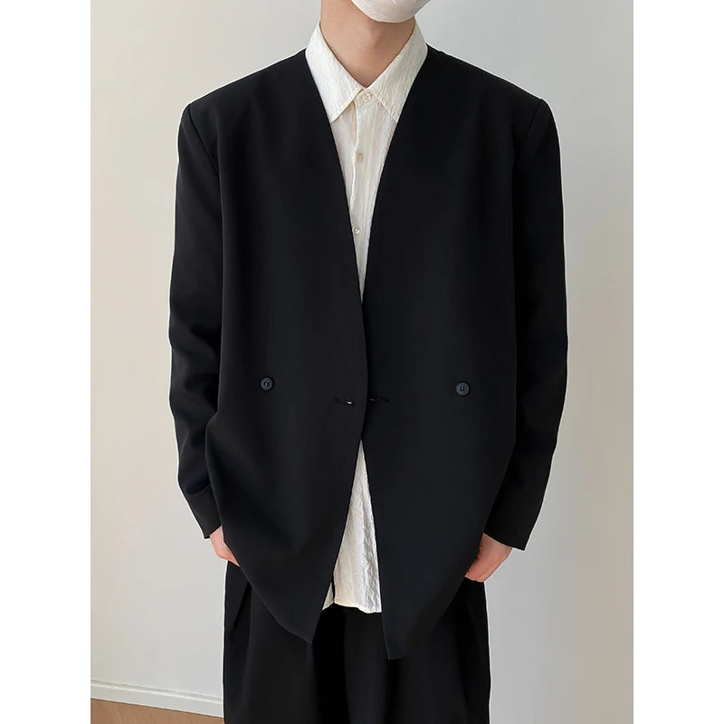 Bonsir Men's Clothing Collarless Blazer Trend Fashion Personality Casual Suit Coat Niche Design Korean Style Jackets 2024 Autumn